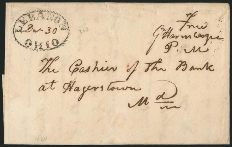 Ohio Stampless Covers.> 15, incl. Ashtabula (2), Chillicothe (7 incl. 4 ovals with 2 in red and 3 circular datestamps with 2 in green), 1827 Cincinnati rimless, Gallipolis, Lancaster, Lebanon with rope oval,
boxed Newark, last is Zanesville, each is