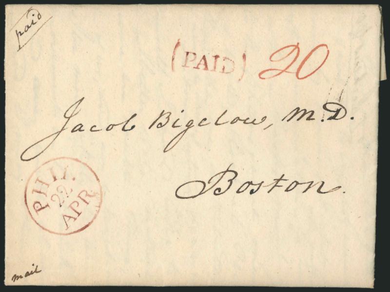Phil 22 Apr.> Red circular datestamp with matching ^(PAID)^ handstamp and ms. <20 restored rate> on 1816 folded letter to Boston, fresh and Extremely Fine, the 1816 Restored Rates marked the end of the War of
1812 50% surcharge rates in effect fr