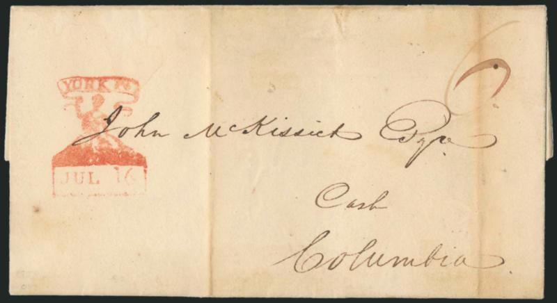 York Pa. Jul. 16.> Clear strike of town datestamp with name in ribbon above seated female allegorical figure and with date below, ms. 6 rate on 1827 folded letter to Columbia Pa.,vertical file folds and age
toning, Very Fine strike of this scarce a