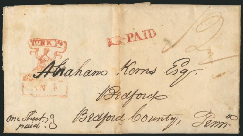 York Pa. Jan. 4.> Clear strike of town datestamp with name in ribbon above seated female allegorical figure and with date below, clear <Paid with pointing hand> handstamp and ms. 12-12 rate on 1828 folded
letter to Bedford Pa., vertical file fol