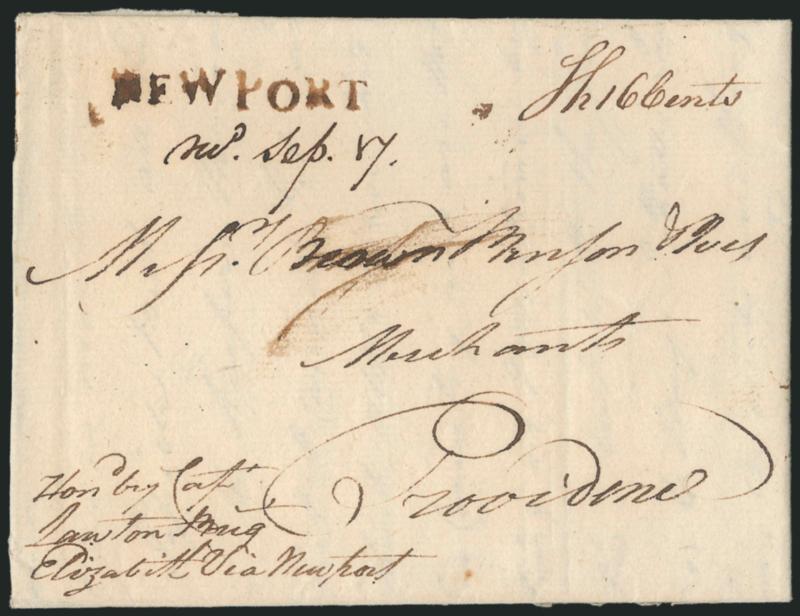 NEWPORT.> Bold strike of straightline handstamp in brown with ms. Sh 16 cents ship-letter rate on 1792 folded letter datelined <<St. Petersburg June 25th 1792>> from Russia to Providence R.I., senders
directive <ond. by Capt. Lanton (?) Brig.