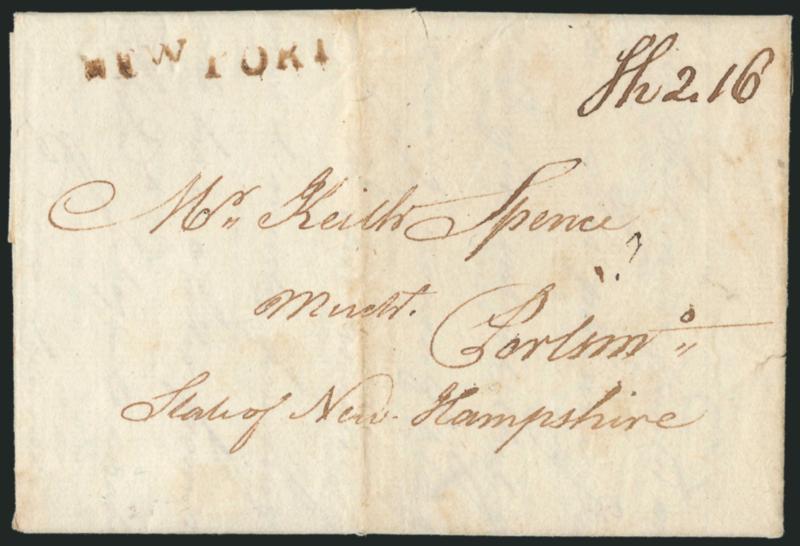 NEW PORT.> Bold strike of (un)straightline handstamp in brown with ms. Sh 2.16 ship-letter rate on folded letter to Portsmouth N.H. datelined <<Georgetown S. Carolina 22 March 1792>>, light vertical file fold,
Very Fine