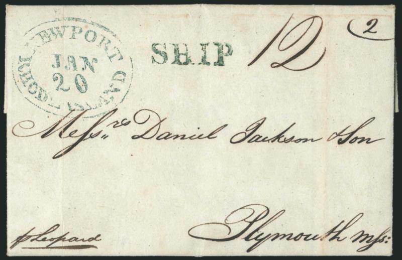 Rhode Island Stampless Covers.> 9, inc. ms. Newport on 1795 ship letter from Charleston to Newburyport, Newport (3 large ovals in blue, red and black), 1827 Pawtucket double-oval, 1896 Providence straightline,
Warren boxed (2, one in red) and fancy