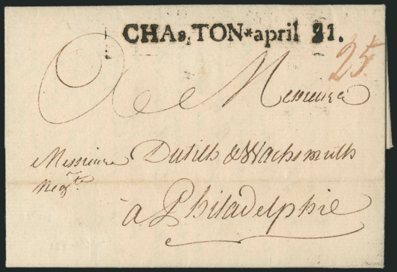 CHAs,TON * april 21.> Perfect bold strike of straightline datestamp with ms. 25 rate on 1794 folded letter to Philadelphia, light horizontal file fold, Extremely Fine strike