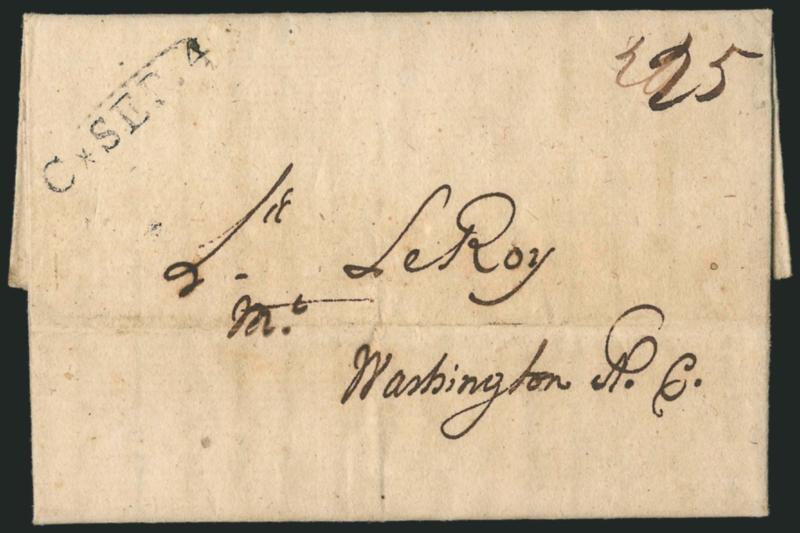C * SEP. 4.> Bold strike of straightline datestamp on 1798 folded letter to Washington N.C., contents written in French, light file folds and some slight overall soiling, Very Fine, ex Lounsbery
