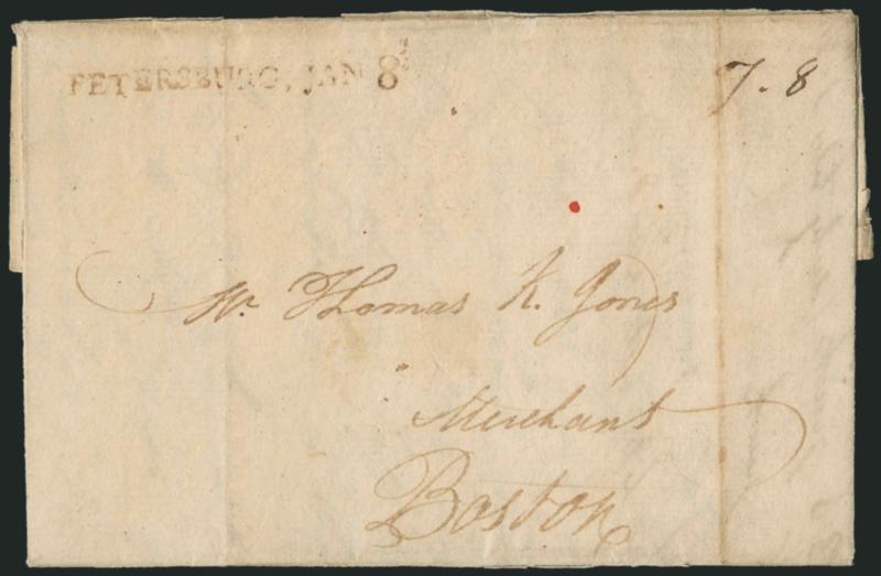 Petersburg Va. Postal History Collection.> More than 125 covers, vast range of dates, approximately 50 stampless, first from Confederation period with straightline Petersburg, Jan. 8 (1788) datestamp, two from
early statehood period with straightli