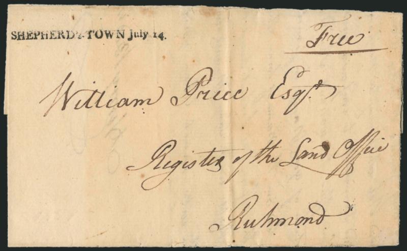 SHEPHERDSTOWN July 14.> Well-struck straightline datestamp with ms. Free on 1797 folded letter to the Land Office in Richmond, contents regard land grant, light vertical file fold and some slight toning, still
Very Fine, this is reported to be the