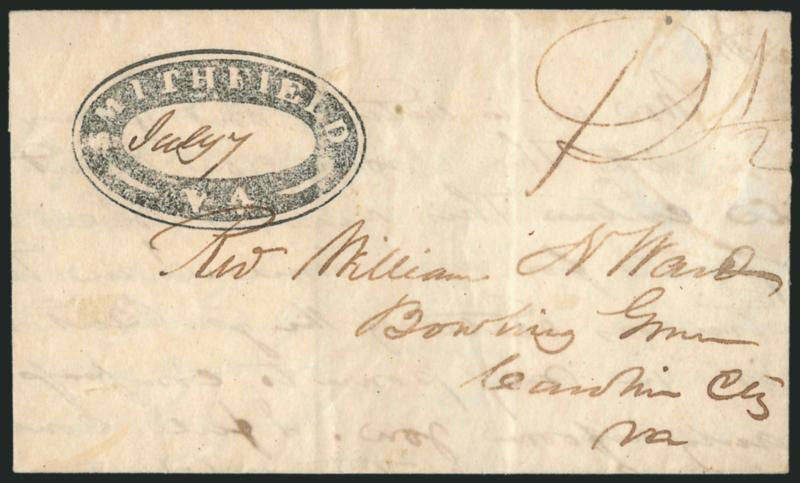 Smithfield Va.> Two folded letters each with perfect strike of negative letters in oval handstamp, from the same correspondence and sent to Bowling Green Va., used in March and July of 1836, Extremely Fine
strikes, Smithfield was the site of a tobacc