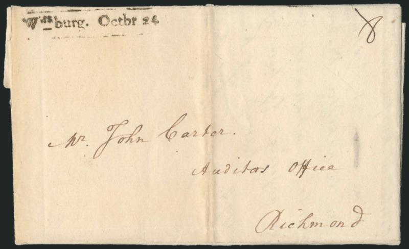 Wmsburg. Octbr 24.> Perfect strike of straightline datestamp on 1794 folded letter to Richmond Va., ms. 8 rate, light vertical file fold,, Extremely Fine strike