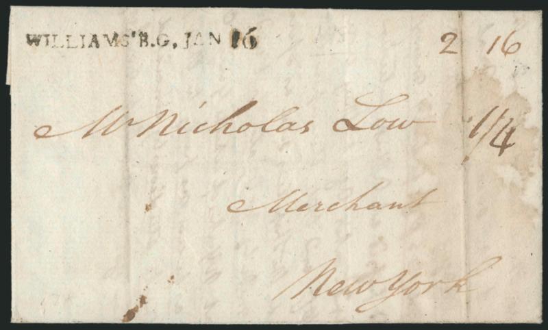 Williamsburg Va. Straightlines.> Four folded letters 1795-1805, each with a different style of straightline, one with dwt rate and others in cents, few flaws but all are notable for their Very Fine strikes of
the markings