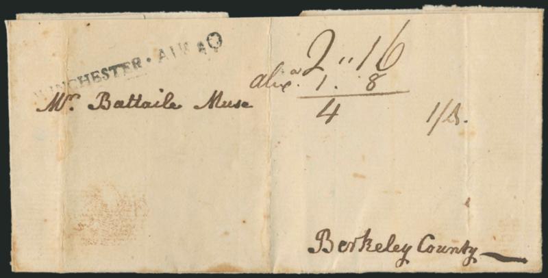 WINCHESTER AUG. 10.> Straightline datestamp on docketed 1791 folded cover to Berkley County, ms. 2.16 double rate with <Alexa. 1.8 = 4> addition by Alexandria post office, 14 due in local currency, file folds,
part of back cut away, still Very