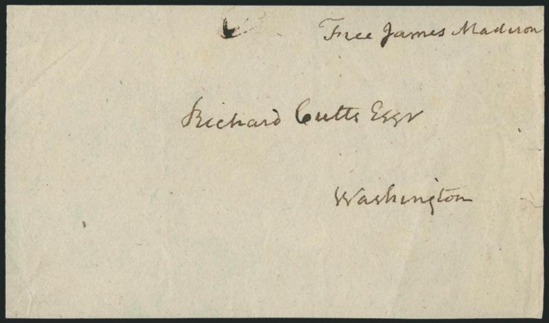 James Madison.> Free frank <<Free James Madison>> on large portion of cover addressed in his hand to <<Richard Cutts Esqr. Washington>>, couple tiny cuts at right, Very Fine, Cutts was Madisons brother-in-law
and served as a U.S. Representative