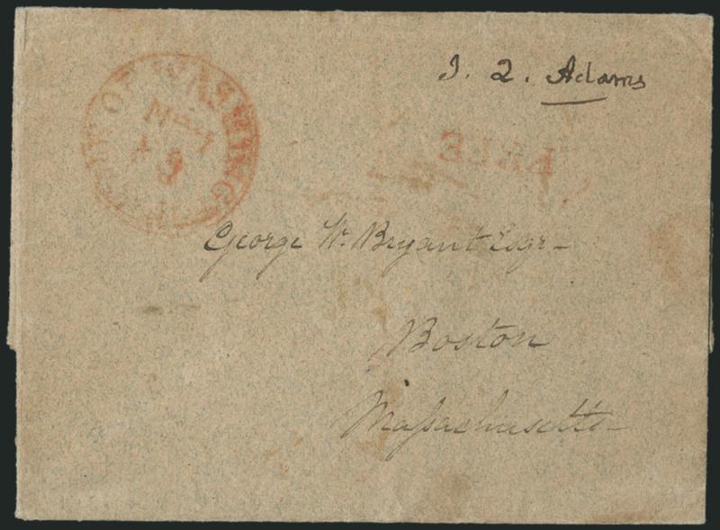 John Quincy Adams.> Free frank <<J. Q. Adams>> on folded cover addressed to George W. Bryant in Boston, red City of Washington Nov. 29 circular datestamp with matching Free handstamp, intact red wax seal on
back, fresh and Very Fine