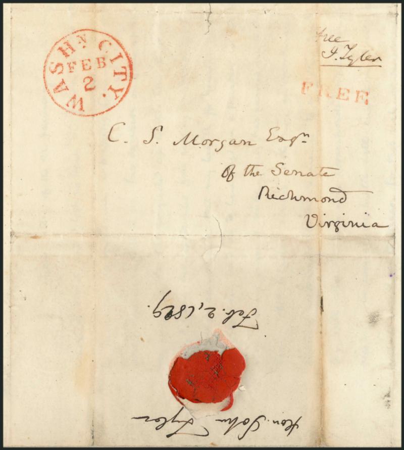 John Tyler.> Free frank <<Free J. Tyler>> at upper right as U.S. Senator from Virginia, with red Free handstamp and matching Washn. City. Feb. 2 (1829) circular datestamp on folded letter to C.S. Morgan of the
Virginia State Senate, backflap si