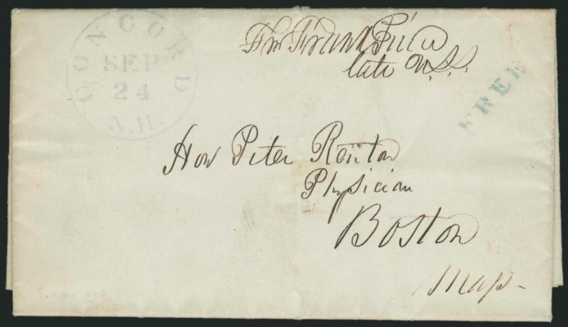 Franklin Pierce.> Free frank <<Free Franklin Pierce late U.S.S.>> after he resigned from the Senate, on 1843 folded letter to Boston, blue Concord N.H. Sep. 24 circular datestamp with matching Free handstamp,
contents discuss legal matters (Pie