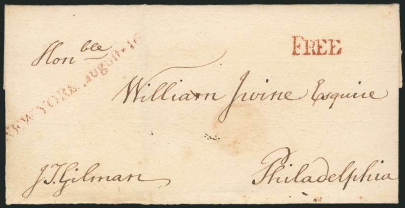 John Taylor Gilman.> New Hampshire delegate to Continental Congress (1782-83), Governor of New Hampshire (1794-1805 and 1813-16), free frank <<J. T. Gilman>> on folded cover addressed in his hand to William
Irvine in Philadelphia, red NEW YORK * A