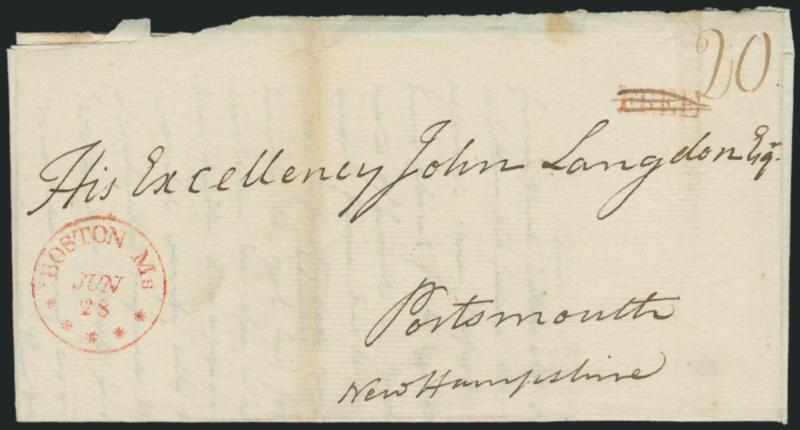 John Langdon.> Delegate from New Hampshire (Continental Congresses of 1775-77, 1786-87), framer and signer of the Constitution, and U.S. Senator, folded letter from James Sullivan at Boston, June 27, 1805,
enclosing another letter from Thomas Jeffers