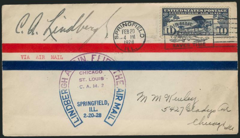 Charles Lindbergh.> Autograph <<C. A. Lindbergh>> at upper left of cover bearing 10c Lindbergh stamp (C10) tied by Springfield Ill. Feb. 20 4 PM 1928 Air Mail Saves Time slogan cancel on C.A.M. 2 cacheted
flight cover to Chicago, fresh and Very F