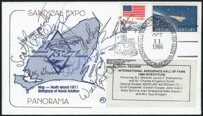 Mercury 7 Autographed Cover.> Cacheted cover from 1986 Sandical exhibition bearing 4c Mercury and 18c coil stamps tied by Old Town Philatelic Center, San Diego California 92110, Oct. 11, 1986 oval postmark
which also ties label from International