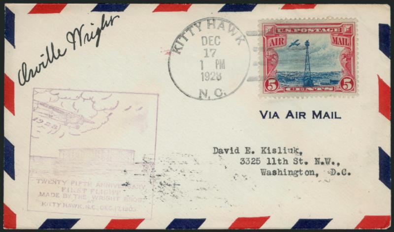 Orville Wright.> Signature at upper left of airmail envelope bearing 5c Beacon stamp tied by Kitty Hawk N.C., Dec. 17, 1928 duplex to Washington D.C., also with 25th anniversary cachet at lower left, Very
Fine, Wilbur Wright died in 1912 and so onl
