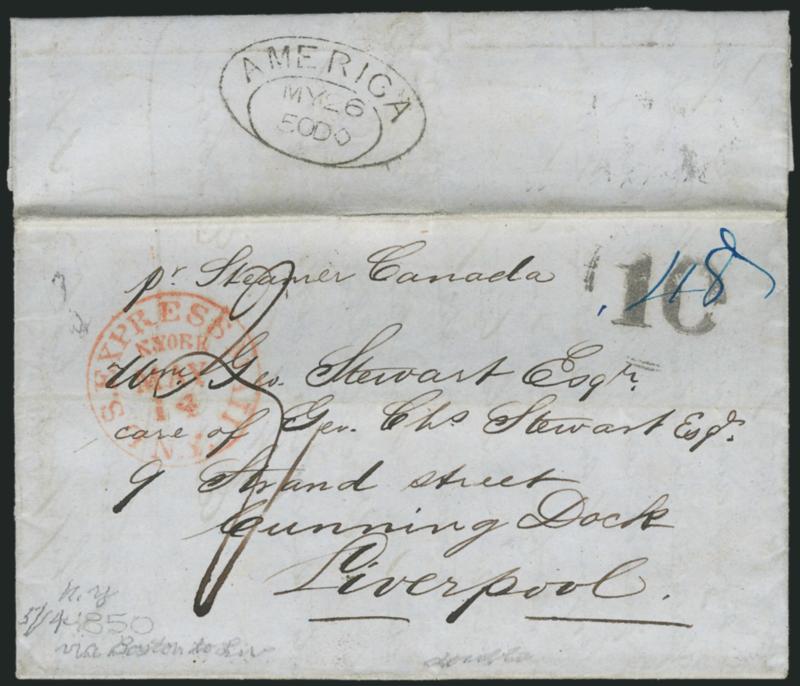 U.S. Express Mail N.Y. N. York May 14.> Route agents red circular datestamp and black 10 rate handstamp on 1850 blue folded letter from NYC <to Liverpool, England,> senders routing <<pr Steamer Canada>> and
carried by railroad for Boston depart