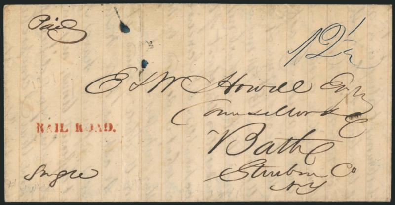 RAIL ROAD.> Red 30mm straightline in smaller letters than the more common version, clearly struck with ms. 12-12 rate on Mar. 16, 1841 folded letter from Utica to Bath N.Y., Very Fine, scarce, ex
Hicks