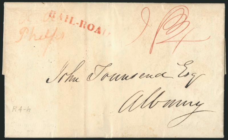 RAILD-ROAD.> Red straightline with hyphen clearly struck on Dec. 22, 1841 folded letter from Canandaigua to Albany N.Y., red crayon <<R. R. Phelps>> at upper left, ms. 18-34 rate, Very Fine, this marking was
used in 1841 on railroad mail carried
