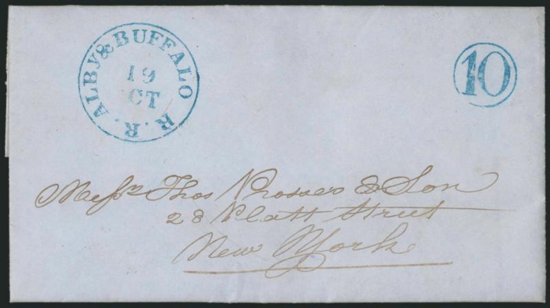 Albany & Buffalo R.R. 19 Oct.> Route agents blue circular datestamp and 10 in circle rate handstamp perfectly struck on blue Oct. 1850 folded letter from Rochester to New York City, accompanied by an Apr. 1849
folded letter from Buffalo to Boston