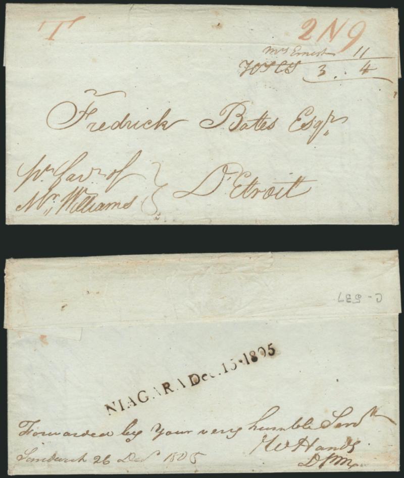 NIAGARA Dec.15*1805.> Brownish-black straightline datestamp clearly struck on folded letter datelined <<(Duplicate) Albany, October 12th 1805>> from Robison & Martin to Frederick Bates in Detroit, senders
directive <<per favr of Mr. Williams,>>