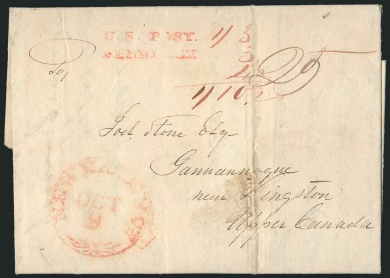 U.S. POST.FERRIAGE Straightline Handstamp (Kingston).> Partly clear strike in red with ms. 13 [+] 3 [+] 4-12 [=] 110-12 postage calculation, matching red ^KINGSTONOCT 10^ backstamp, red New Haven Ct. Oct. 9
circular datestamp with ornam