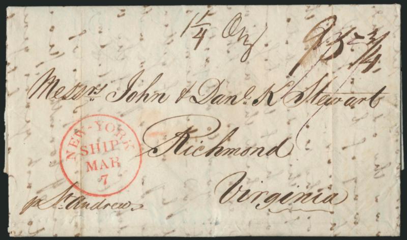 1-14 Oz. 95-34 Ship Letter Rate (New York N.Y.).> Jan. 1, 1838 duplicate folded letter from Liverpool to Richmond Va. with red New-York Ship Mar. 7 circular datestamp and due markings for 5-times 18-34c
postage and 2c ship captains fee, sligh