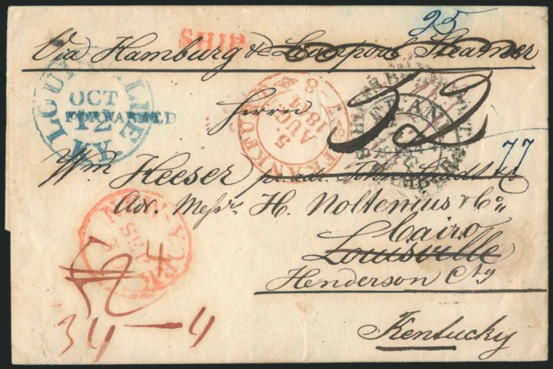 Incoming Ship Letter.> 1844 part-printed folded letter <from Frankfurt, Germany, to Louisville Ky. and forwarded to Cairo Ky.,> myriad transit markings incl. Frankfurt, Hamburg, New York and Louisville, also
with red Ship handstamp applied in New Y