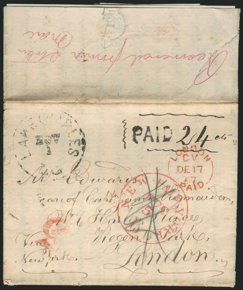 Recovered from a Stolen Mail.> Notation in red manuscript on back of Oct. 27, 1857 folded letter to London, England, Lake Charles La. Nov. 1 circular datestamp, Paid handstamp and ms. 24 cts rate, red New York
Paid 6 Dec. 5 credit datestamp