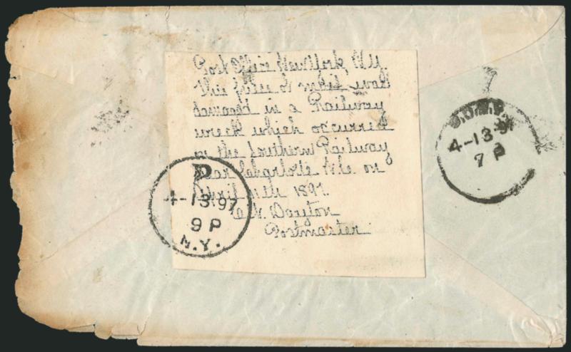 Unlisted Wreck Seal.> On back of 1897 cover from Mexico to New York, a privately produced mimeographed label: <<Post Office New York, N.Y.This piece of mail was damaged in a Railway wreck which occurred on the
Southern Railway near Charlotte N.C. o