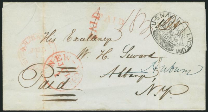 U.S. Naval Lyceum.> Clear strike on 1840 folded cover addressed to <is Excellency W. H. Seward, Albany N.Y.>> and forwarded to Auburn N.Y., red New York Jul. 1 circular datestamp with matching Paid crossed
out, rated 18-34 and with Albany