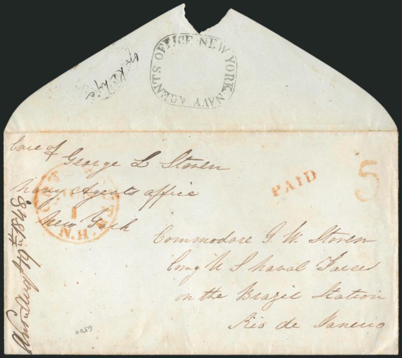 New York Navy Agents Office.> Clear strike of rounded rectangular handstamp on backflap of cover to Commodore George Washington Storer, commander of U.S. Navy Brazil Squadron in Rio de Janeiro, sent in care of
Navy Agents Office, red Portsmouth N.H