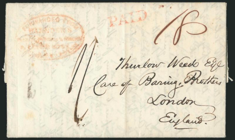 Forwarded from Harndens Package Express & Foreign Letter Office, No. 8 Court St. Boston.> Red oval handstamp lightly struck with matching Paid straightline, ms. 18-34 and 1 one-shilling packet rate on Aug. 14,
1843 folded letter from Rufus K