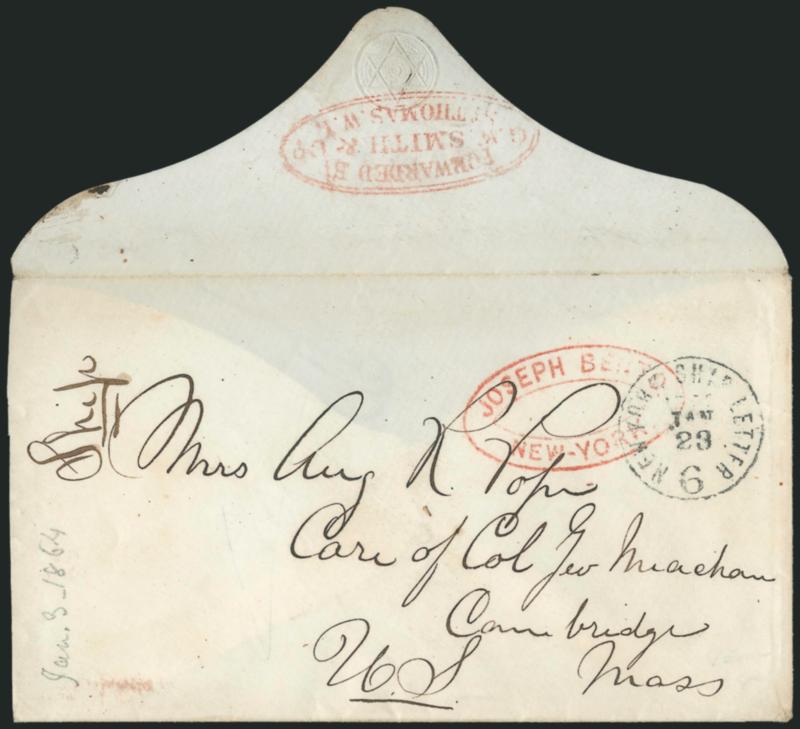 Forwarded by G.W. Smith & Co. St. Thomas. W.I.> Red double-line oval on backflap of cover to Cambridge, Mass., New York Ship Letter 6 Jan. 23 circular datestamp and red oval forwarder handstamp of <Joseph
Bento>, 1864 pencil docketing, Star of Davi