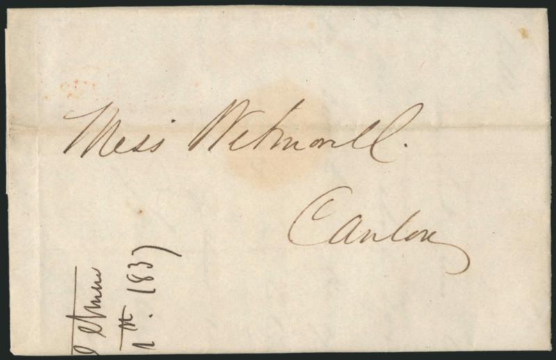 New York to Canton, China.> Sep. 1, 1837 folded letter to Wetmore & Co. in Canton, carried outside the mails with red <Forwarded by Jos. W. Alsop Jr.> rectangular framed handstamp with two lines in script,
clearly struck on backflap, Very Fine, Als