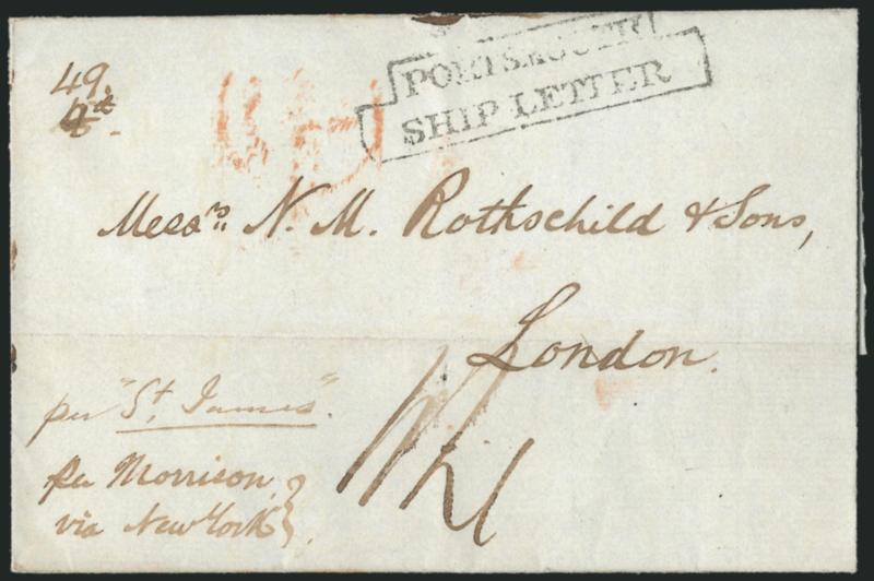Canton, China, to London.> <<1839 18 July Russell & Co.>> docketing on folded cover from Canton to Rothschild & Co. in London, senders ms. directive <<pr Morrison via New York,>> red <Forwarded by Cary & Co.
New York> oval backstamp, ms. <<pe