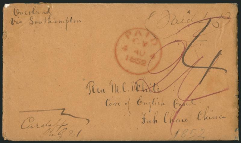 Cardiff N.Y. to Foochow, China.> Ms. Cardiff July 21 (1852) postmark and Paid 45 rate on brown cover to Rev. M. C. White in care of English Consul at Foochow (Fuh Chau), China, senders routing <<Overland via
Southampton,>> red ms. 24 credi
