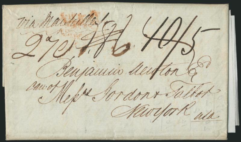 Canton, China, to New York.> Feb. 8, 1853 folded letter with additional enclosures from Augustine Heard & Co. in Canton, China, to New York City, red 2AP2 1853 backstamp, ms. 405, 186 (crossed out) and 270
rates, endorsed <<Via Marseilles,