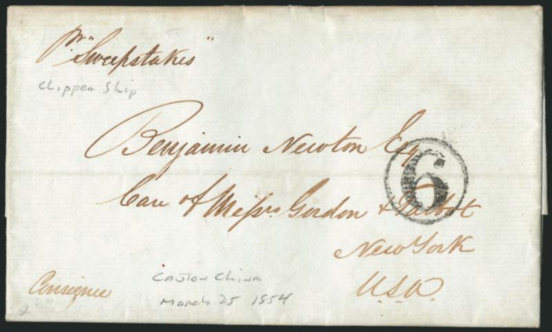 Pr Sweepstakes Clipper Ship Endorsement, Canton, China to New York N.Y.> Mar. 25, 1854 folded letter from Augustine Heard & Co. in Canton, China, to New York City, senders endorsement <<Pr Sweepstakes>> and
<<Consignee>>, 6 in circle due h