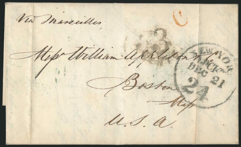 Canton, China, to Boston.> Oct. 13, 1855 folded letter from Canton, China, to Boston, blue Forwarded byJ. Mackrill SmithLondon backstamp, New-York B.Pckt. 24 Dec. 21 due datestamp and 3 Cents debit handstamp,
red C handstamp, endorsed <<Vi