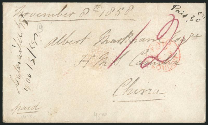 To H.M.S. Camilla, China Station.> Ms. Galesville Wi. Nov. 1358 postmark and Paid 30 cts rate on small envelope to Albert Markham on board the H.M.S. <<Camilla>> in China, prepaid 30c for French Mail but
credited 12c for British Mail via Southam
