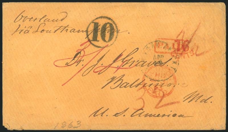 Hong Kong, China, to Baltimore.> Hong-Kong FE 14 63 backstamp, <red Paid in frame handstamp> and red crayon 32 rate on buff cover to Baltimore Md., senders routing <<Overland Via Southampton>>, , magenta pen
34 and red crayon 32 rates,