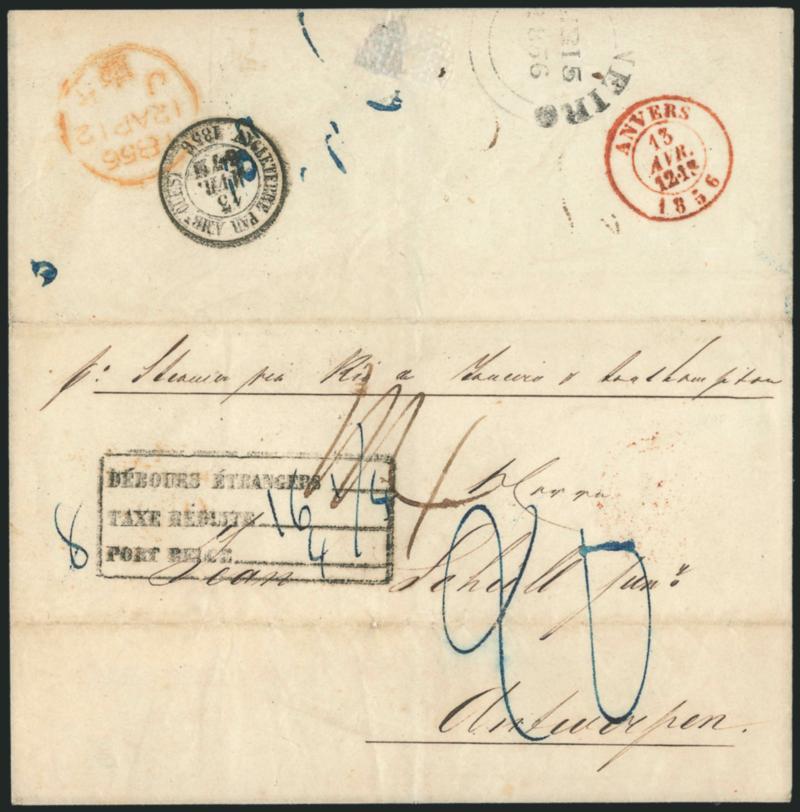 Rio De Janeiro (Brazil) to Antwerp (Belgium).> 1856 folded cover with Rio De Janeiro MR 15, 1856 backstamp and addressed <to Antwerp, Belgium,> <<p Steamer via Rio de Janeiro & Southampton>> routing
instructions, appropriate transits, horizontal