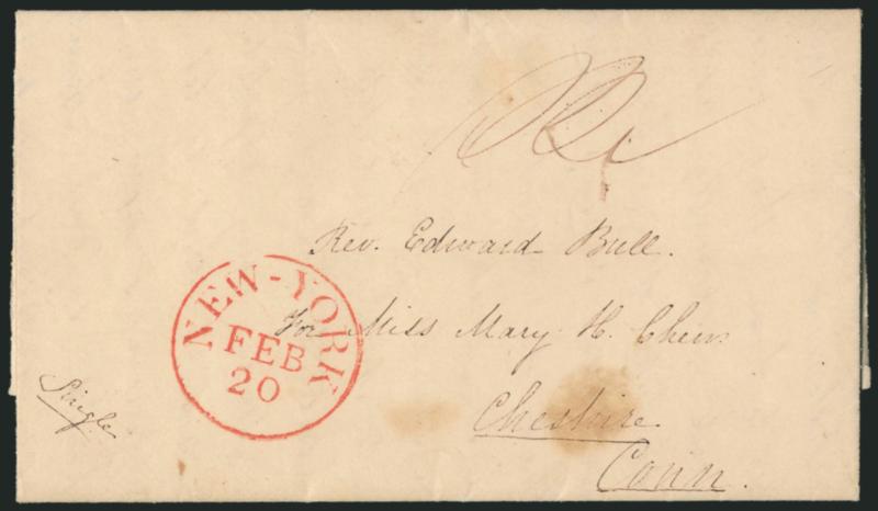 1840, Early Reference to Photography.> Folded letter with red New-York Feb. 20 circular datestamp and ms. 12-12 rate, written by Hortense Chew to her sister, contents include a long description of her late
teacher, Lorenzo Da Ponte, the son of M