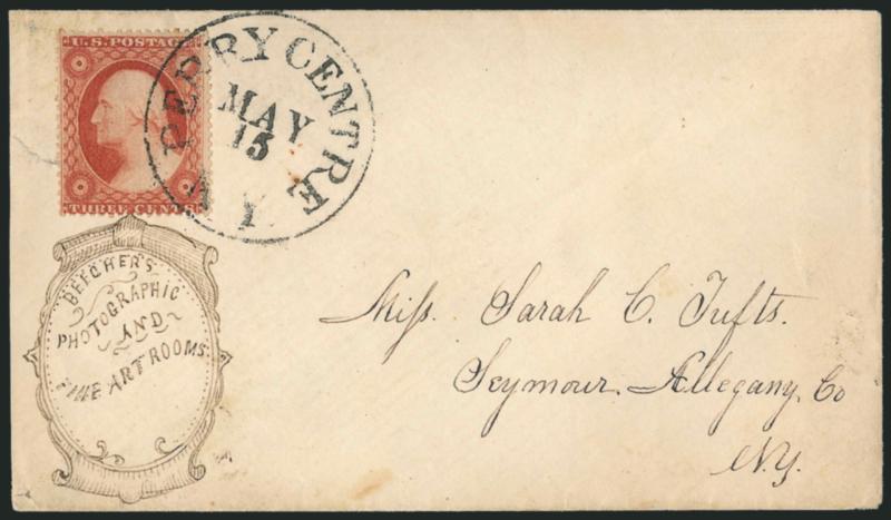 3c Brownish Carmine, Ty. III (26).> Rich color, tied by Perry Centre N.Y. May 15 circular datestamp on neat cover to Seymour N.Y. with <hand-drawn corner card for Beechers Photographic & Fine Art Rooms,>>
small cover tear at left does not affect