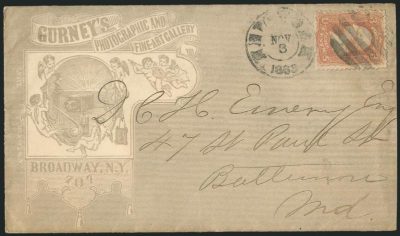 3c Rose (65).> Tied by grid and New-York Nov. 3, 1863 double-circle datestamp on all-over illustrated cover for <Jeremiah Gurneys Photographic and Fine-Art Gallery,> with cherubs surrounding a camera,
part-printed enclosure for order of 24 cards,